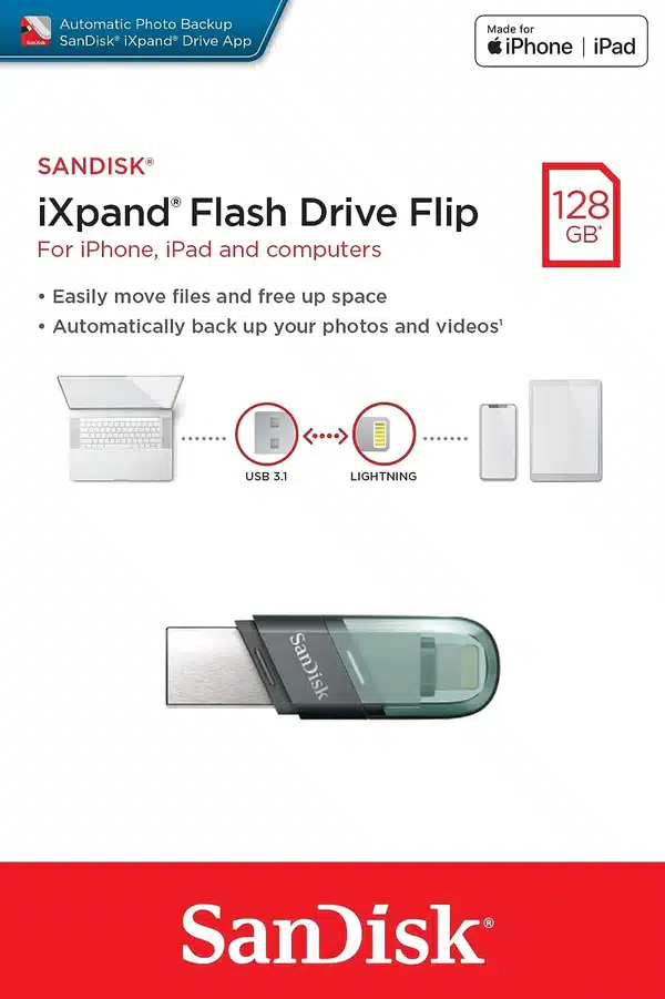 فلش 128 گیگابایت با قابلیت اتصال به آیفون SanDisk 128GB iXpand Flip